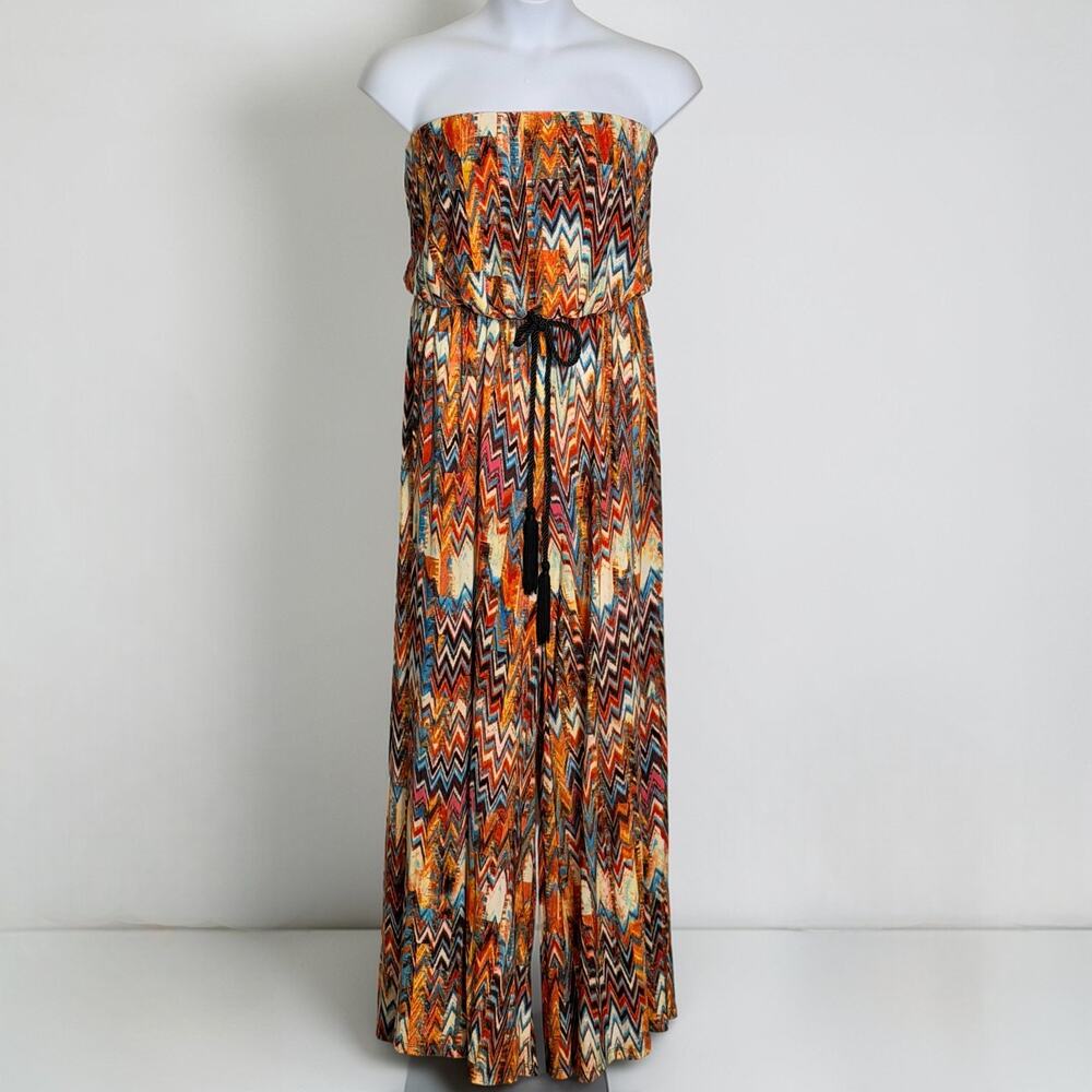 Midnight Velvet Strapless Chevron Boho Jumpsuit Wide Leg Tassel Rope Belt Sz 1X